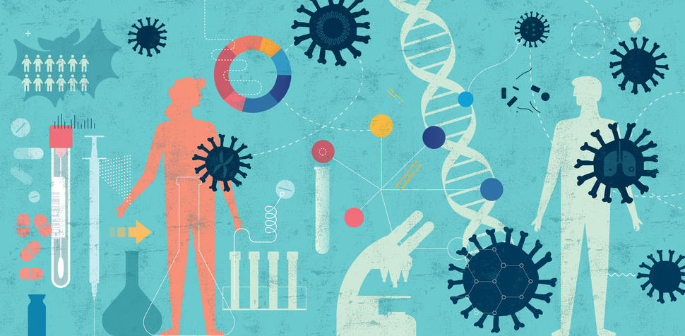 Illustration of genes, COVID-19 virus particles, research, and people. 