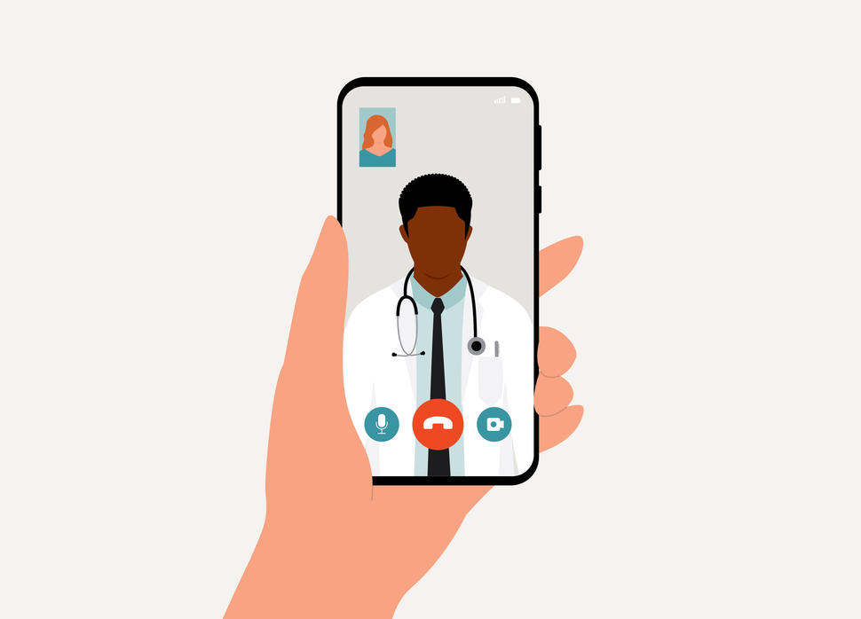 Cartoon of a hand holding a cell phone displaying an image of a doctor conducting a telehealth visit. A patient is shown in the top left corner of the phone screen. 