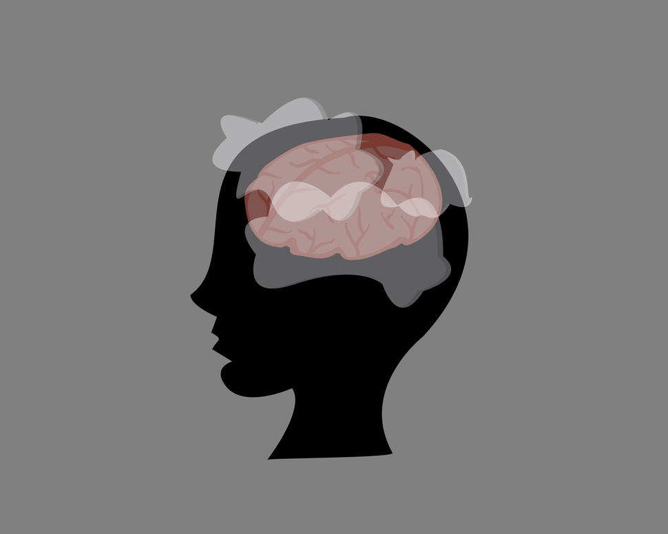 A cartoon silhouette of a woman's head with white and pink cloud-like shapes over her brain. 