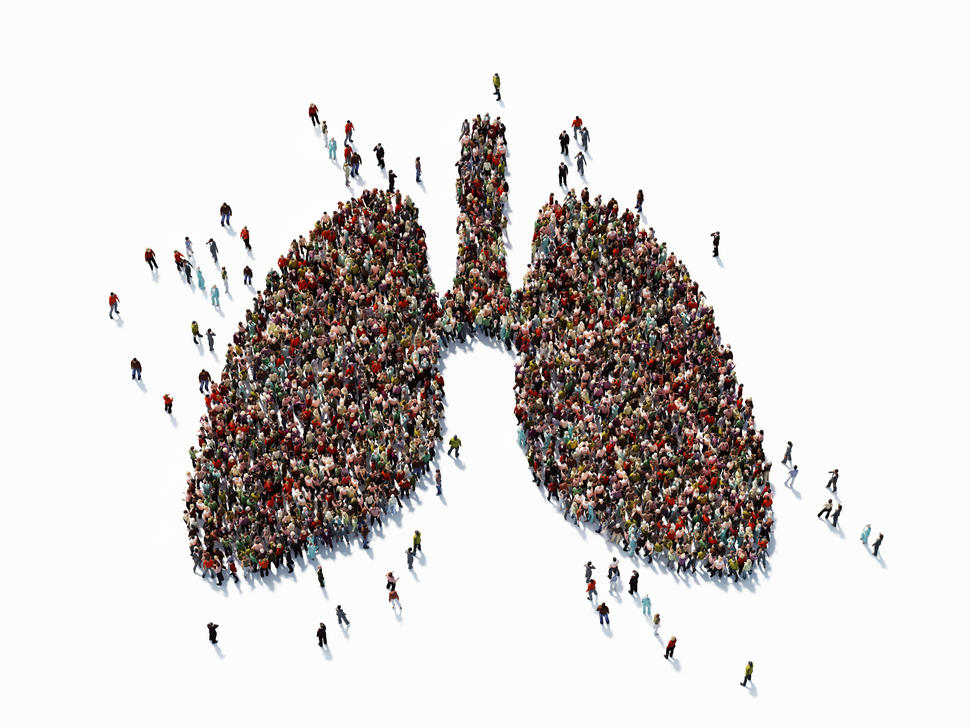 Illustration of thousands of tiny people gathering into a shape that resembles a pair of lungs.