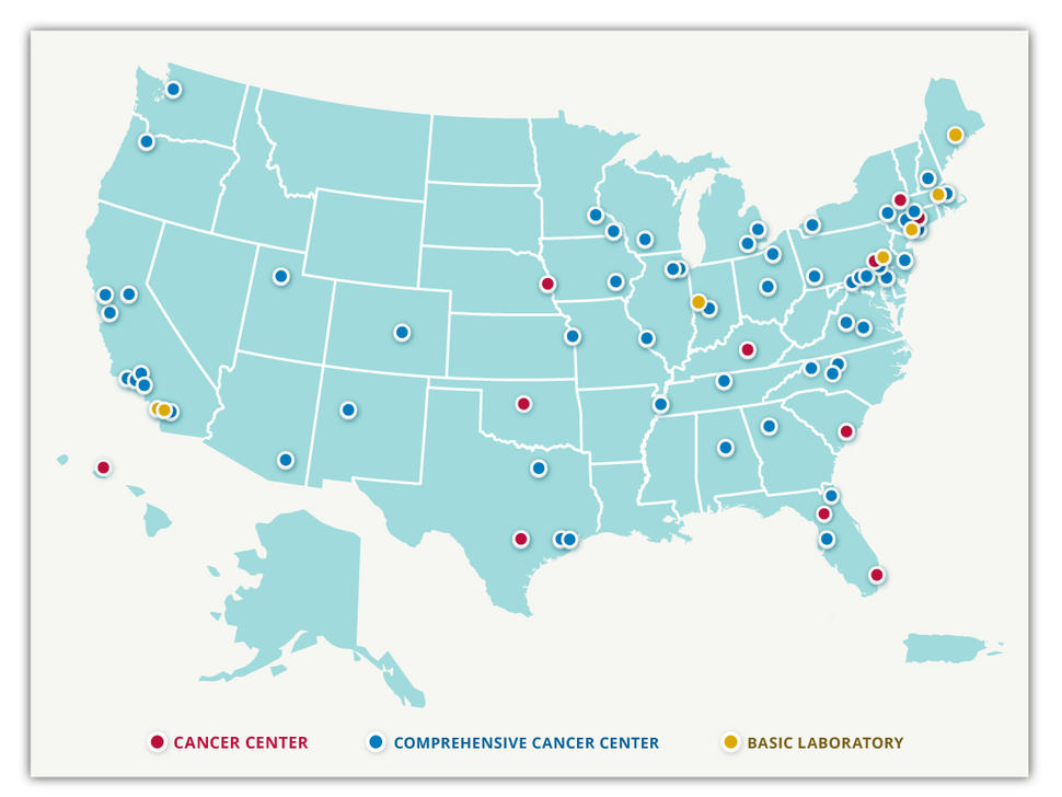 Map of cancer centers across the United States.