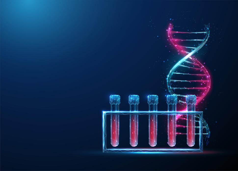 Illustration of strand of DNA rising from test tubes