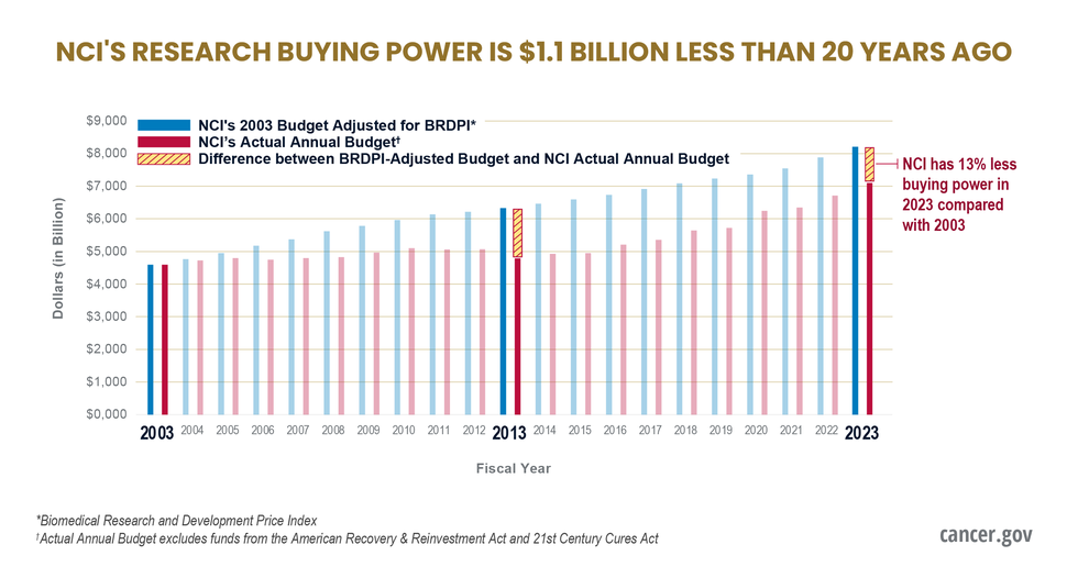 Graph depicting changes in NCI’s research buying power from 2003 to 2023 based on the biomedical research and development price index.