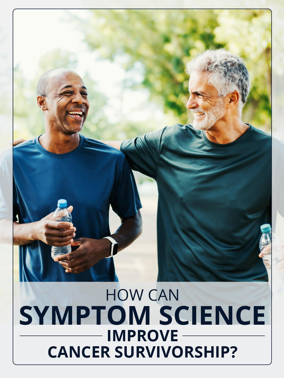 Two older men in workout clothes are outside talking with each other and smiling.
