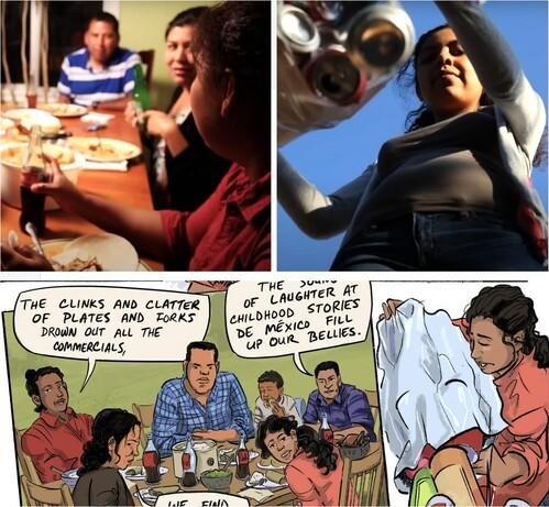 Individuals sitting at a dining table, young woman holding beverage cans, comic book screenshot