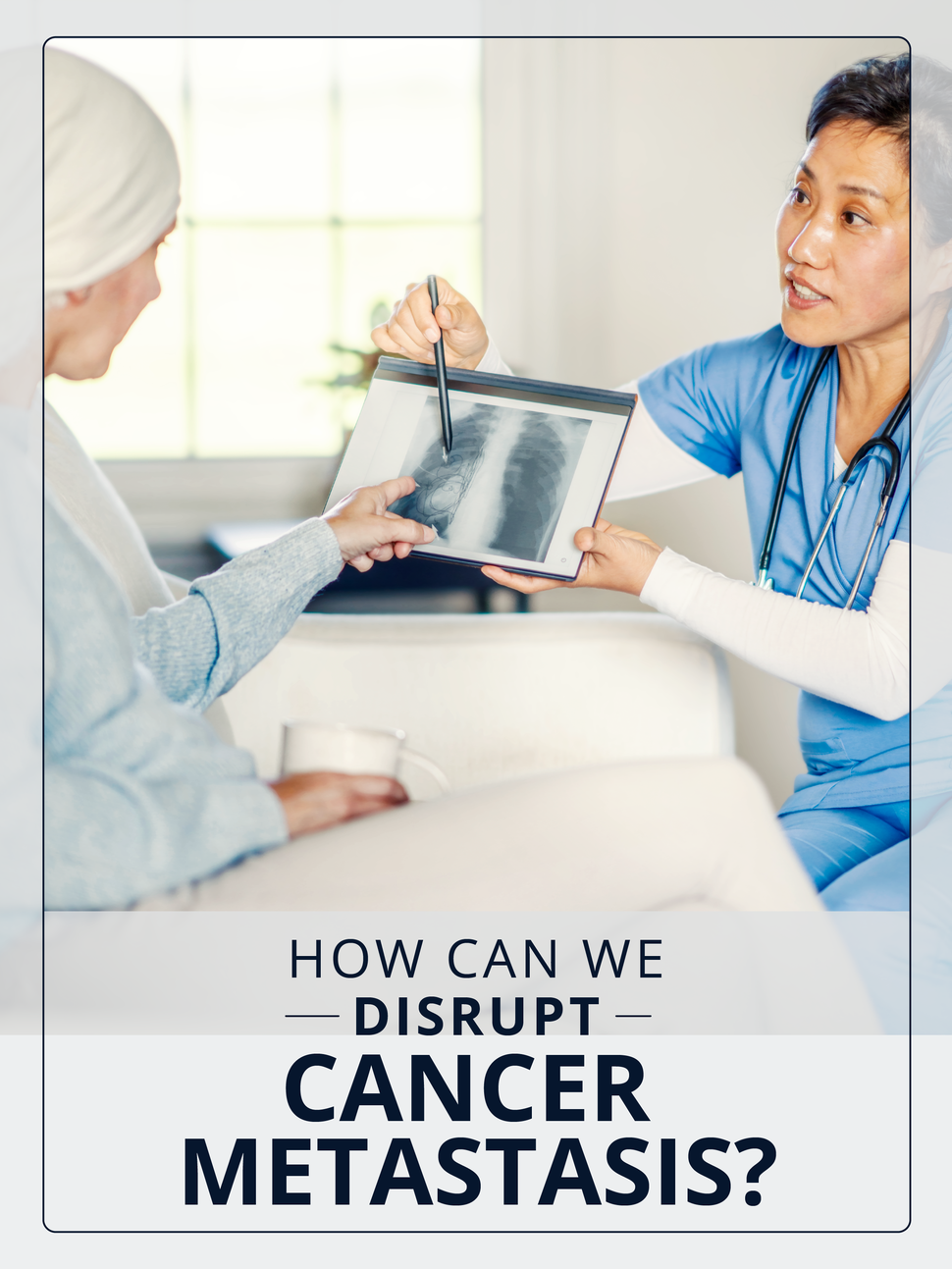 A doctor in scrubs talks to a patient and shows her a lung scan image.