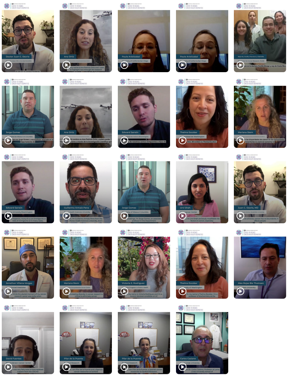 Screenshot of video thumbnails featuring grantees that submitted Hispanic Heritage Month videos.