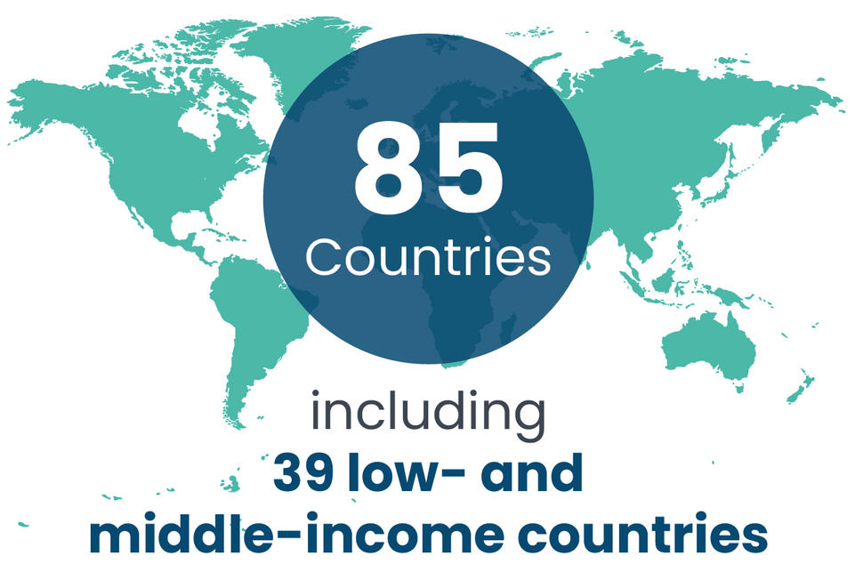 Global Oncology Report map highlighting 85 countries and including 39 low- and middle-income countires