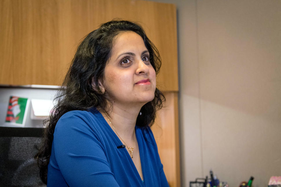 Woman with short brown hair and blue blouse (Payal Khincha) sitting in her office.