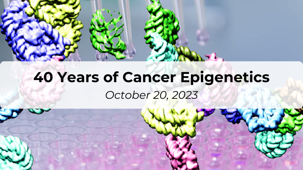 40 years of Cancer Epigenetics Symposium image with interacting chromatin chains in cell nucleus and a multichannel pipet over a 96-well plate