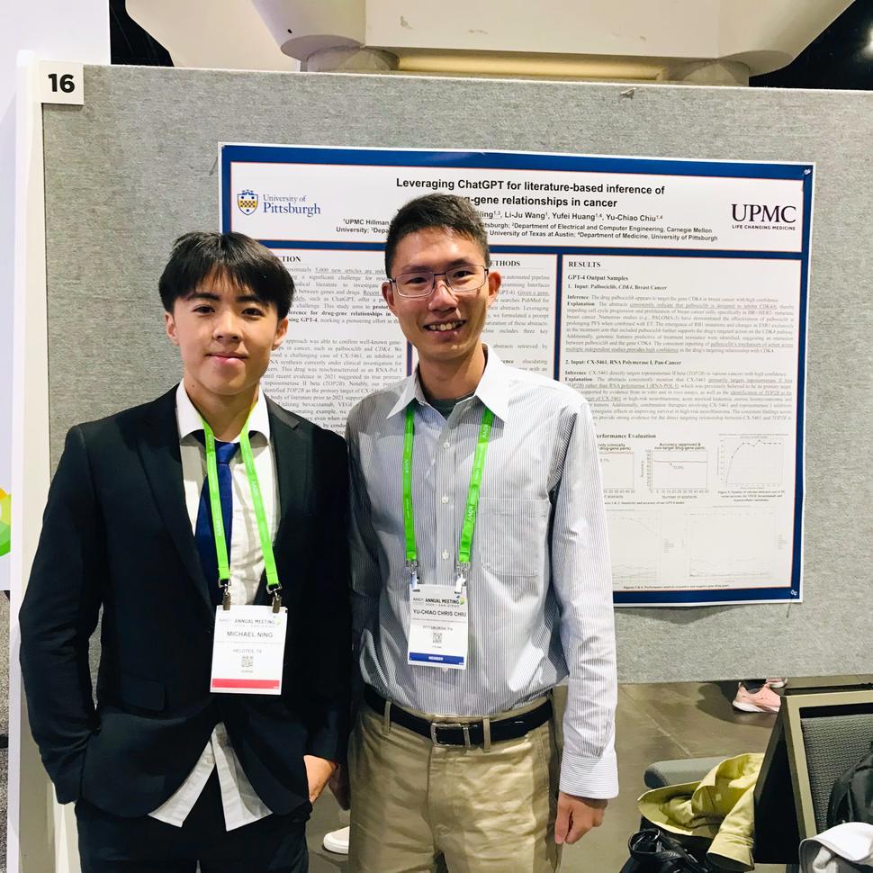 Michael Ning and Dr. Yu-Chiao Chiu presenting a poster at AACR 2024