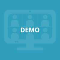 White text in the middle of the image that reads, "Demo," overlaid onto a blue background showing an icon of a computer and six people on the screen