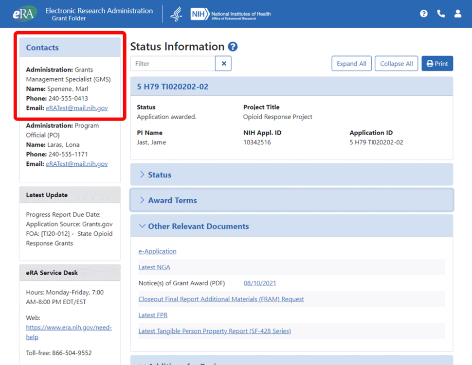 eRA Commons Status page with red box around the Grants Management Specialist contact information