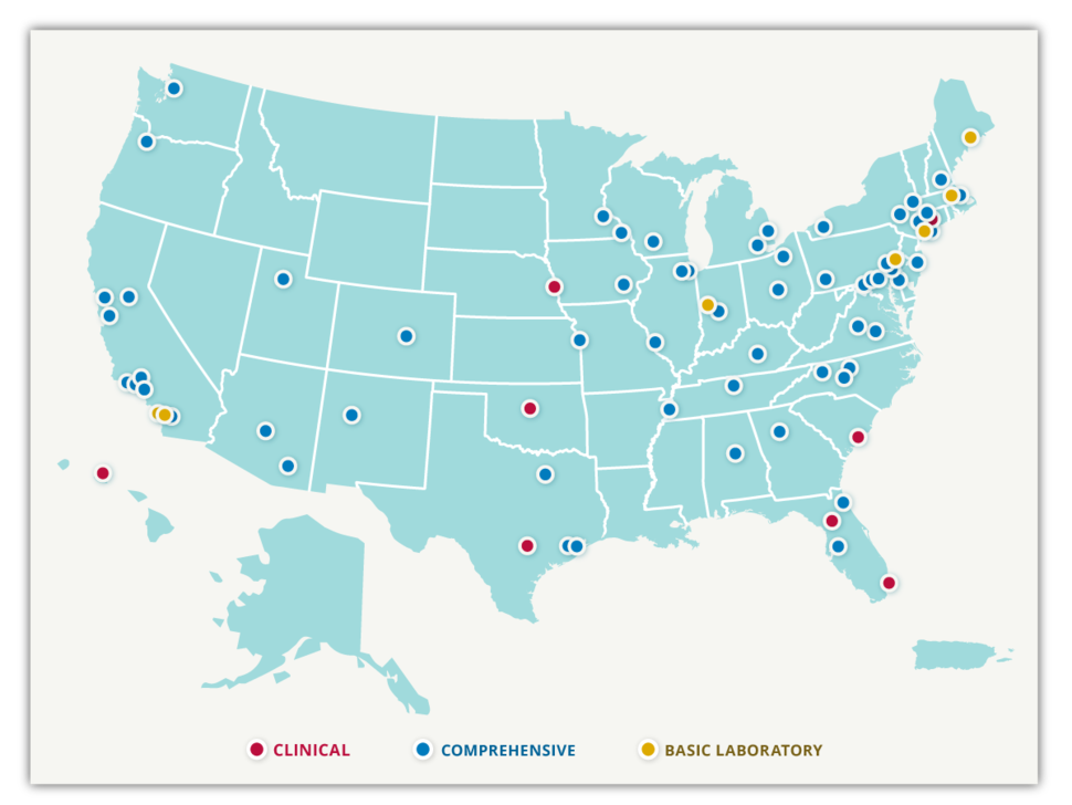 A map of the USA with designations for the locations of cancer centers