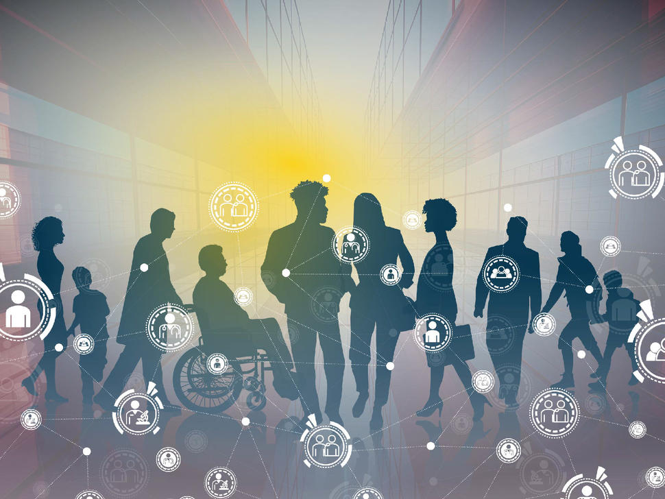 Illustration depicting a silhouette of ten people with different ages, backgrounds, and abilities in front of a centrally illuminated blue and red background. A connected series of people icons throughout the image represents data collected from individuals and groups.