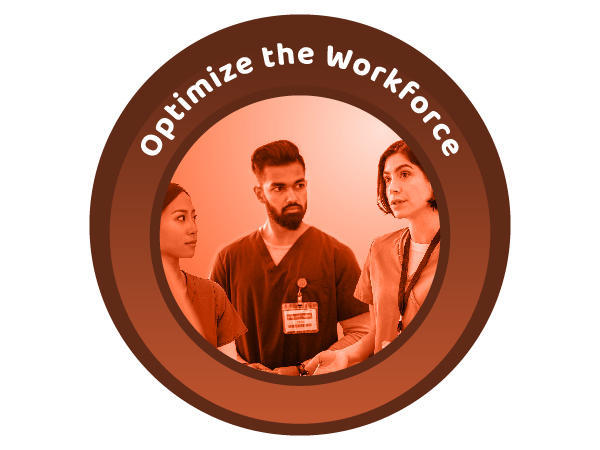 A reddish brown, circular icon with a photo of a three health care professionals in a group. Above them are the words Optimize the Workforce