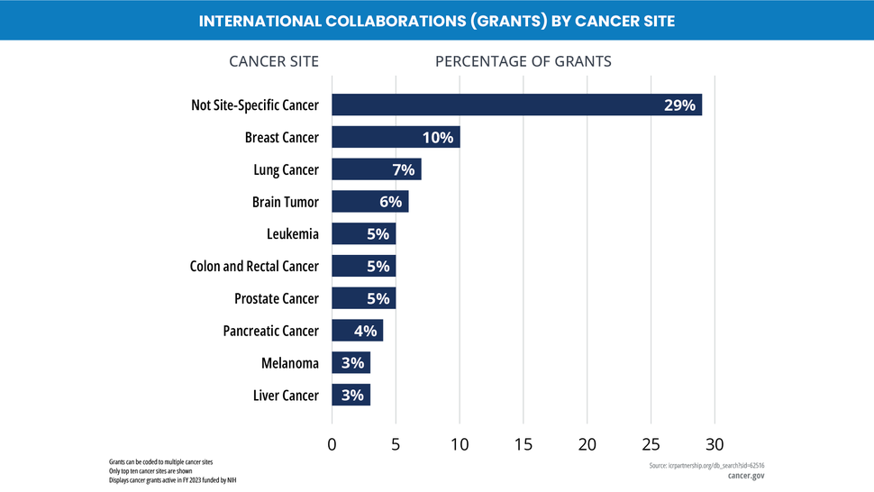 The image shows the ten most studied cancer sites in the NIH global cancer research portfolio through awards.  Not Site-Specific Cancer: 29%  Breast Cancer: 10%  Lung Cancer: 7%  Brain Tumor: 6% Leukemia: 5%  Prostate Cancer: 5% Colon and Rectal Cancer: 5%  Pancreatic Cancer: 4% Melanoma: 3% Liver Cancer: 3%