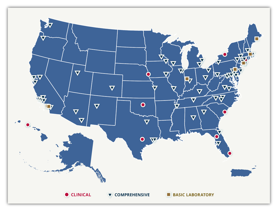 A map of the USA with designations for the locations of cancer centers