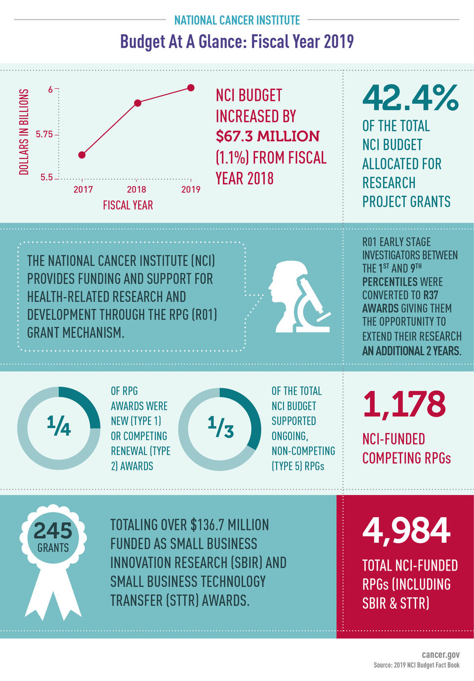 Infographic for National Cancer Institute - Budget At A Glance: Fiscal Year 2019. An increase of $67.3M. 42.4% allocated for research project grants. Support and funding for health-related research and development through the RPG (R01) grant mechanism.