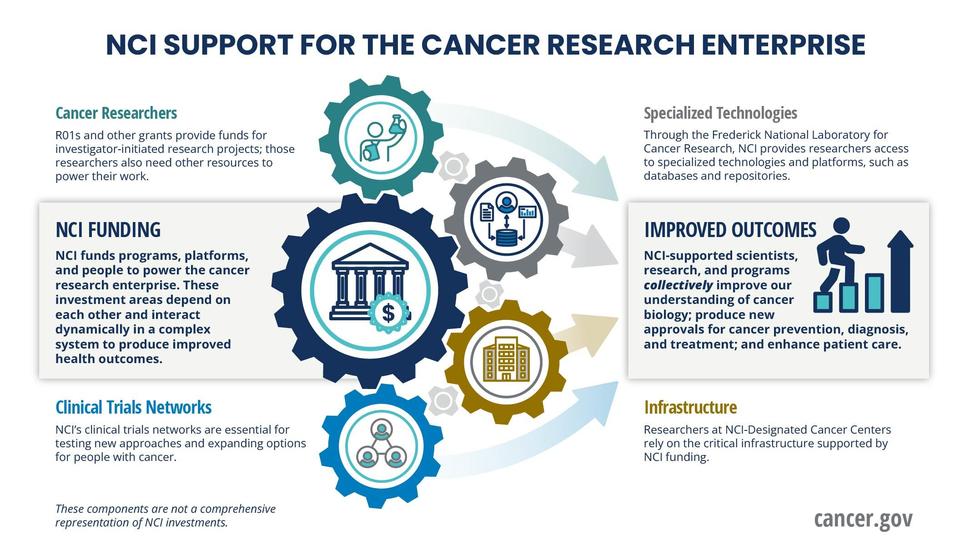 This illustration explains how funding programs, platforms, and people powers the cancer research enterprise. These investment areas depend on each other and interact dynamically in a complex system to produce improved health outcomes.