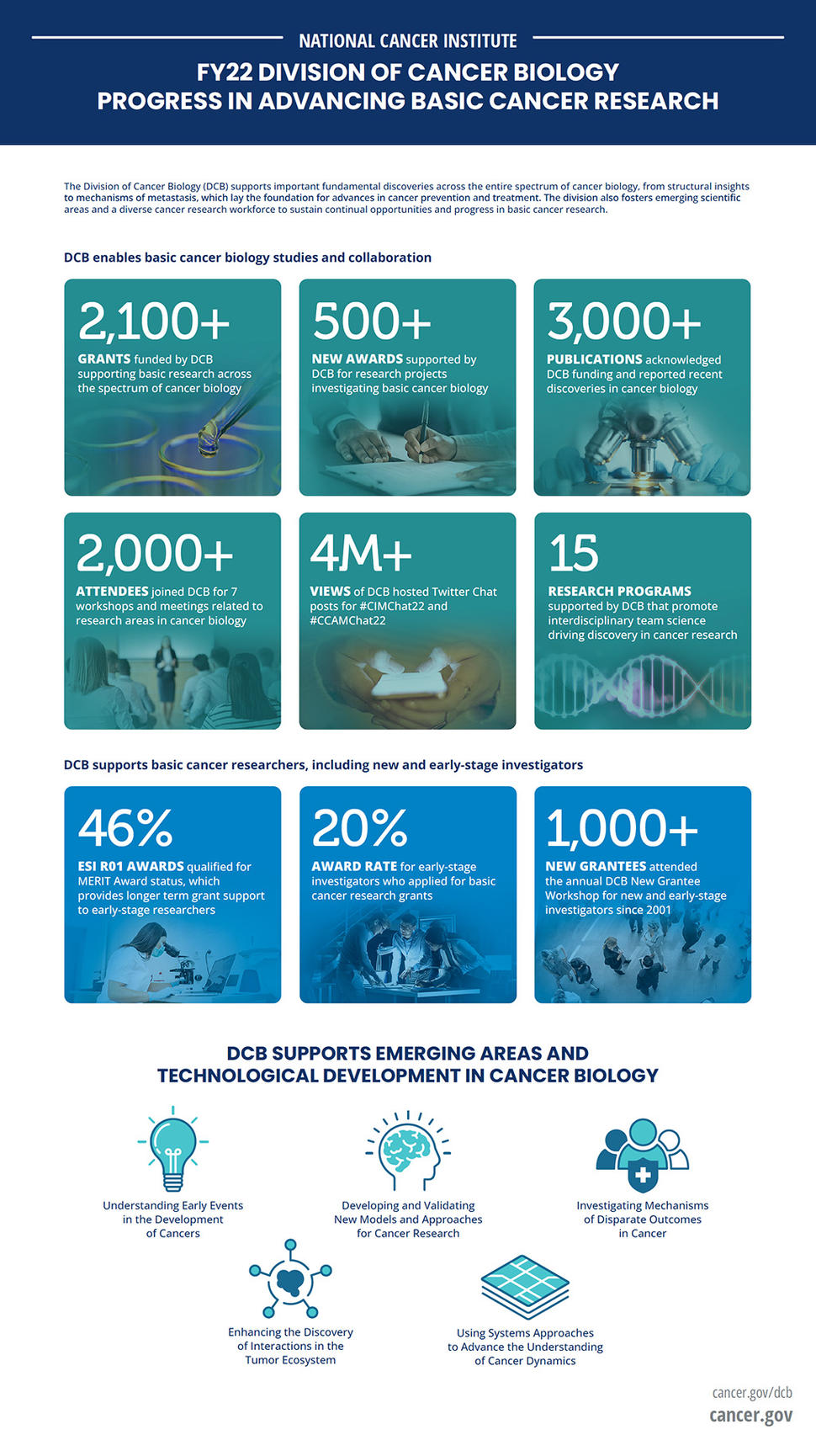The FY22 Division of Cancer Biology (DCB) Progress in Advancing Basic Cancer Research infographic shows that DCB enables basic cancer biology studies and collaboration and supports basic cancer researchers, including new and early-stage investigators (ESIs). It also includes icons showing that DCB supports emerging areas and technological development in cancer biology.