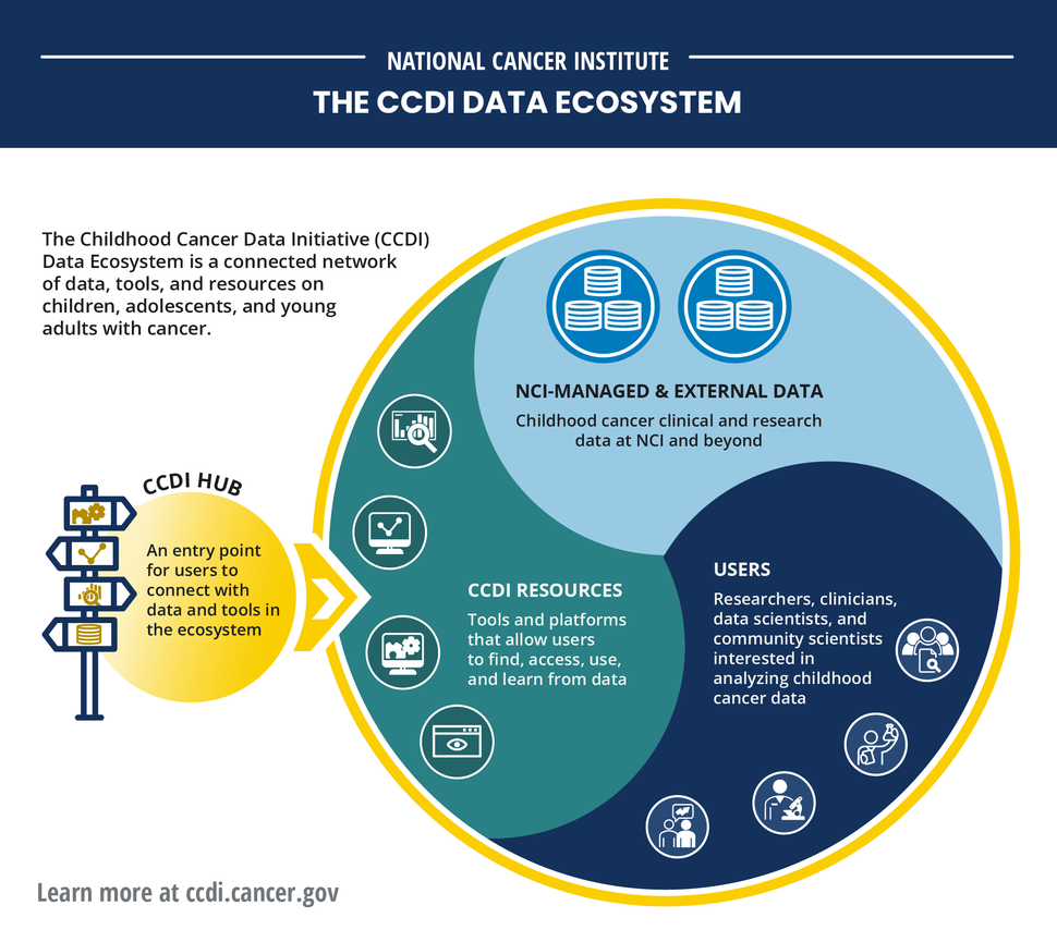 Signposts with different data-related icons are to the left of a yellow circle with text describing the CCDI Hub. An arrow points from the yellow circle to a larger tri-colored circle divided into teardrop-shaped thirds, each describing part of the CCDI Data Ecosystem.