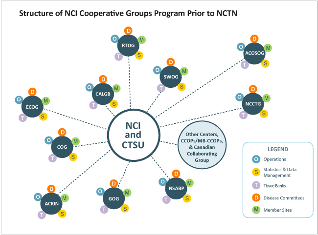 Structure of NCI Cooperative Groups Program Prior to NCTN. Shows a circle with  NCI and CTSU in the center surrounded by small circles with dotted lines to center circle for: ECOG; CALGB; RTOG; SWOG; ACOSOG; NCCTG; NSABP; GOG; ACRIN; COG; and bigger circle with Other Centers, CCOPs/MB-CCOPs, & Canadian Collaborating Group. The smaller circles contain: Operations; Statistics & Data Management; Tissue Banks; Disease Committees; and Member Sites.