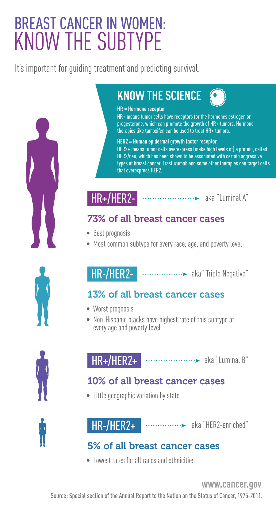 Breast cancer in women: know the subtype: HR+/HER2- (aka Luminal A), 73% of all breast cancer cases; HR-/HER2- (aka Triple Negative) 13% of all breast cancer cases; and HR+/HER2+ (aka HER2-enriched) 5% of all breast cancer cases.