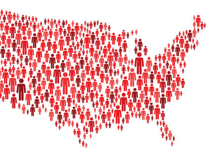 Graphic of a U.S. map containing red people figures in varying sizes. 