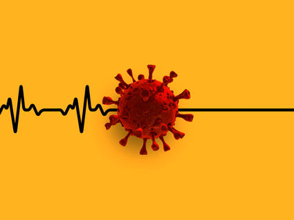 An illustration of a lifeline with a virus molecule in the middle, followed by a flat line.