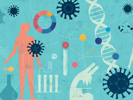 Illustration of genes, COVID-19 virus particles, research, and people. 