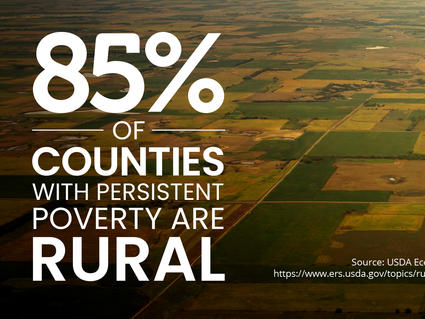 Image of brown and green rural land with text "85 percent of counties with persistent poverty are rural"