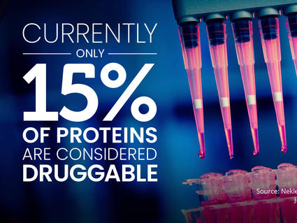 Image of eight red multi-pipettes against a blue background with text "Only 15 percent of proteins are considered druggable currently"