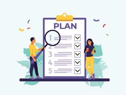 Cartoon showing 2 people reviewing plan listing multiple steps