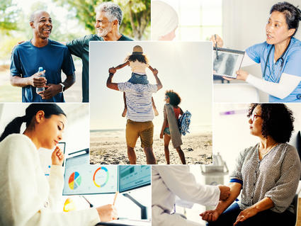 Collage of two people walking, a doctor discussing scans with a patient, a person writing, a patient getting blood drawn, and a family at the beach.
