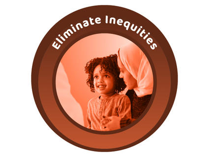 A reddish brown, circular icon with a photo of a woman in a hijab and a child. The woman looks at the child and the child looks at a health care professional. Above them are the words Eliminate Inequities.