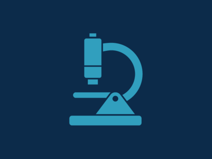 Dark blue background with lighter blue icon of a microscope