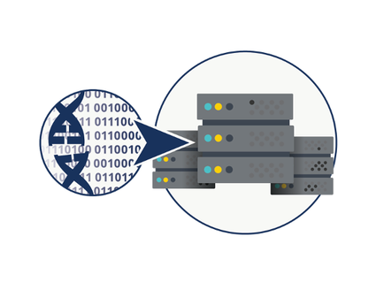 Broken double helix on top of binary code with an arrow pointing from them to data servers.