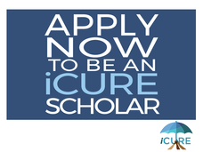 White text reads “Apply Now To Be an iCure Scholar” on a dark blue background. In the bottom corner is the iCure logo.