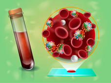 An illustration of a tube of blood and a cancer cell.