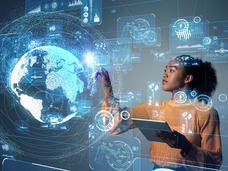 Black woman researcher in front of an image of the globe