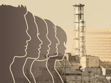Silhouettes of adults and children and DNA code over a photo of the Chernobyl nuclear power plant.
