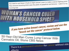 Image of many news article clippings with headlines involving bad information about cancer and how to help it