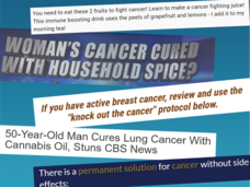 a collage of misleading headlines including, woman's cancer cured with household spice and 50-year-old man cures lung cancer with cannabis oil, stuns CBS news