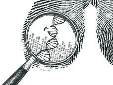 Illustration of lungs made up of DNA sequences. A magnifying glass hovers over a portion of a DNA sequence showing a mutational change. 
