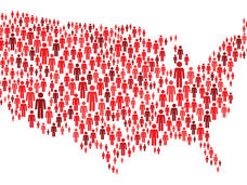 Mapa de los Estados Unidos con figuras en rojo de distintos tamaños que representan a personas. 