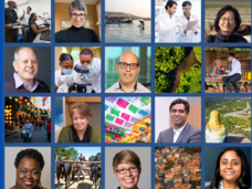 Collage of people headshots, doctors working, and international locations