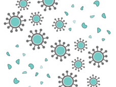 A graphic of blue-green viruses scattered around with small particles around them.