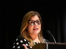 A close-up of Dr. Marcia Cruz-Correa speaking at the AACR Annual Meeting 2022