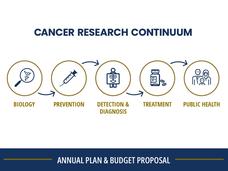 Cancer Research Continuum; icon of magnifying glass with the label 'biology' with an arrow pointing to an icon of a needle icon with the label 'prevention' with another arrow pointing to an icon of an x-ray with the label 'detection & diagnosis' with another arrow pointing to an icon of a pill bottle with two pills outside of the bottle with the label 'treatment' with the last arrow pointing to an icon of a man, woman, and child with the label 'public health'